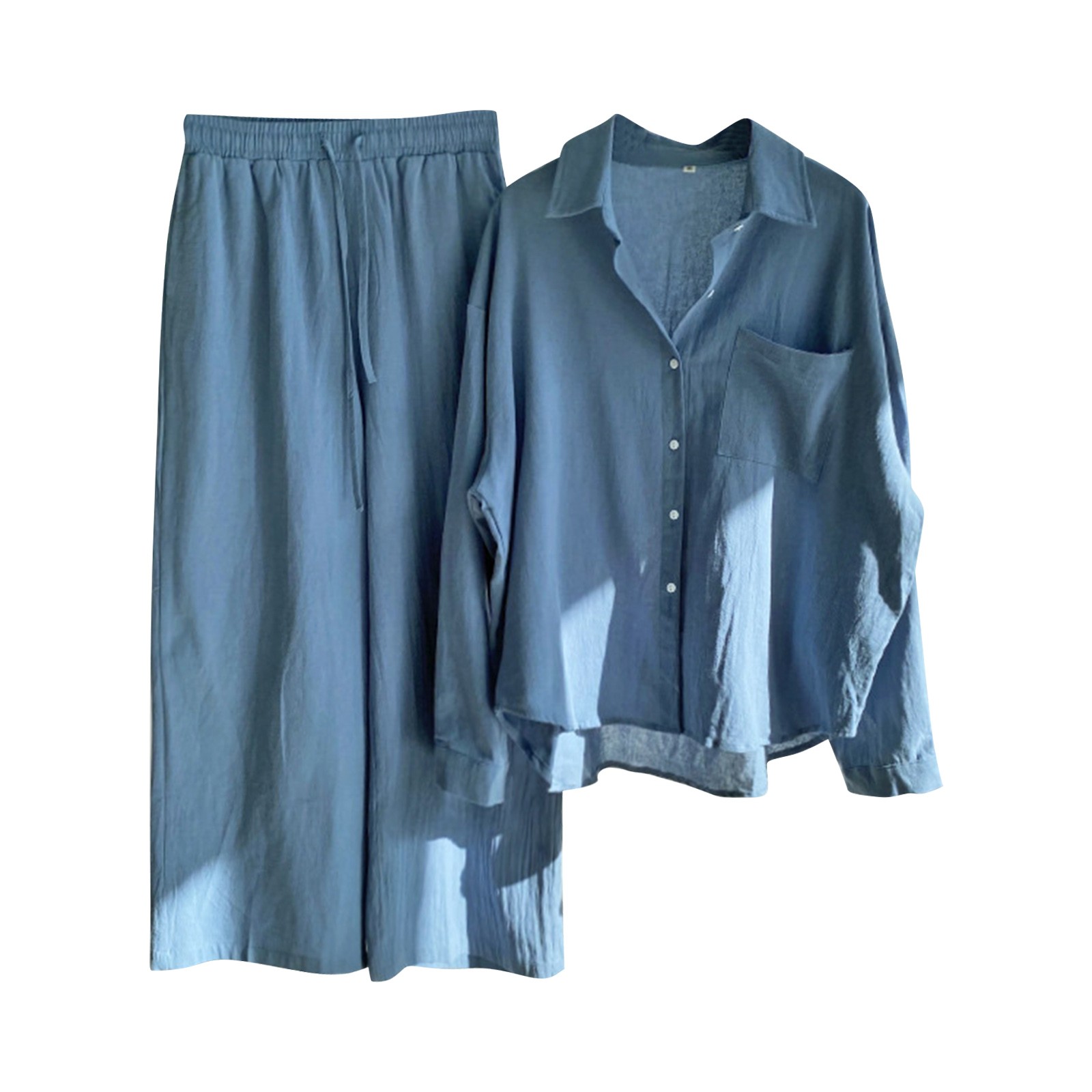 thumbnail image 2 of Traje retro de dos piezas para mujer: camisa de manga larga y pantalones de cintura alta, color liso, tejido cómodo, tallas grandes, adecuado para el día a día y para fiestas, 2 of 6